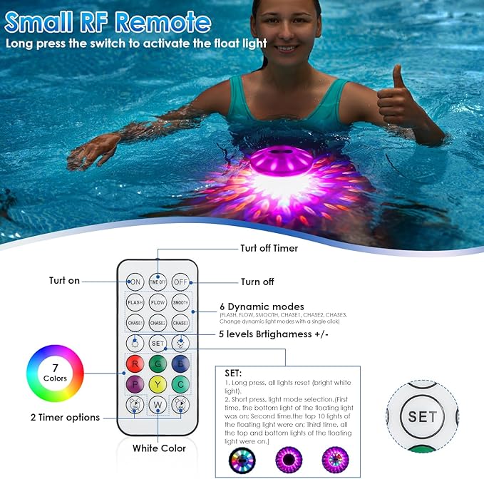 Floating Pool Lights, Rechargeable Pool Lights with 6 Dynamic Lighting Effects, Upper and Lower Color Changing Floating Light, IP68 Waterproof Lights for Pools, Hot Tubs, Fountain 1 Pack