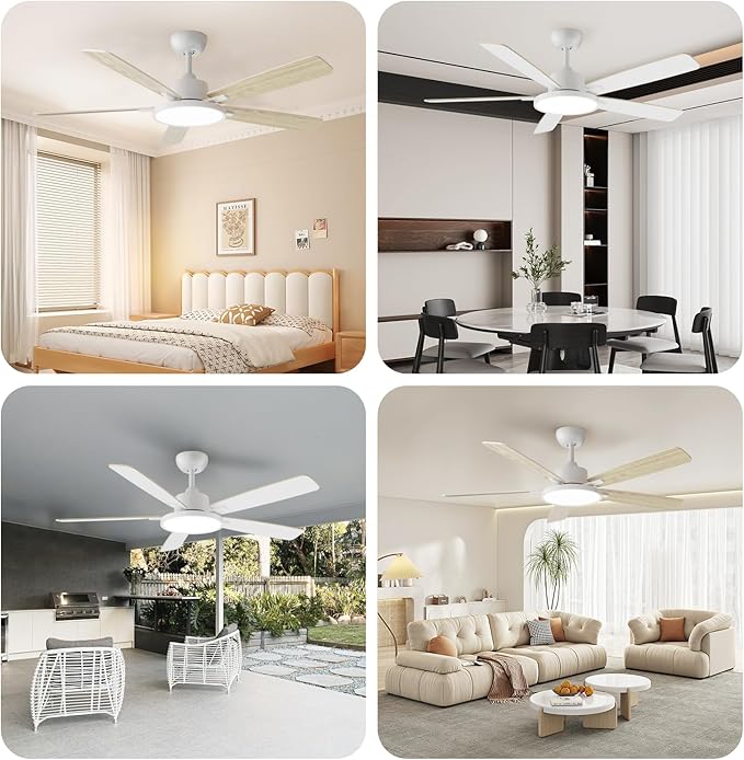 TALOYA 52 Inch White Smart Ceiling Fans with Lights Led Remote Control Flush Mount Low Profile for Bedroom Living Dining Room Outdoor Farmhouse Patio,Reversible,DC Motor,3 Color Temperatures,5 Blades