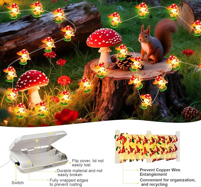 Aogist Mushrooms Decor String Lights, 16 ft 50 LED Battery Operated Fairy Lights Cute Mushroom Lamp for Bedroom Indoor Outdoor Lawns Garden Holiday Party Decorations (1 Pack)