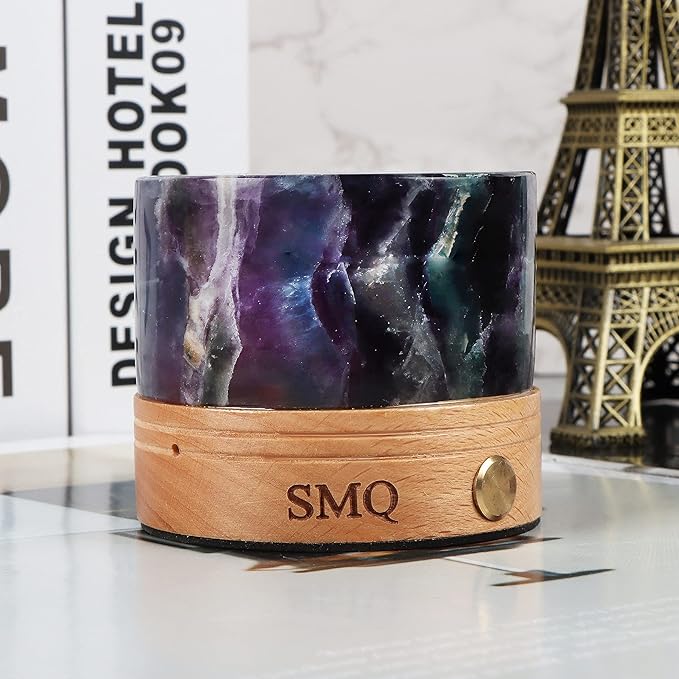 SMQ Rainbow Fluorite Crystal Night Light with USB Charging Port,Handmade Polished Natural Stone Cylindrical Touch Night Lamp with Wooden Base for Living Room,Shelf,Office
