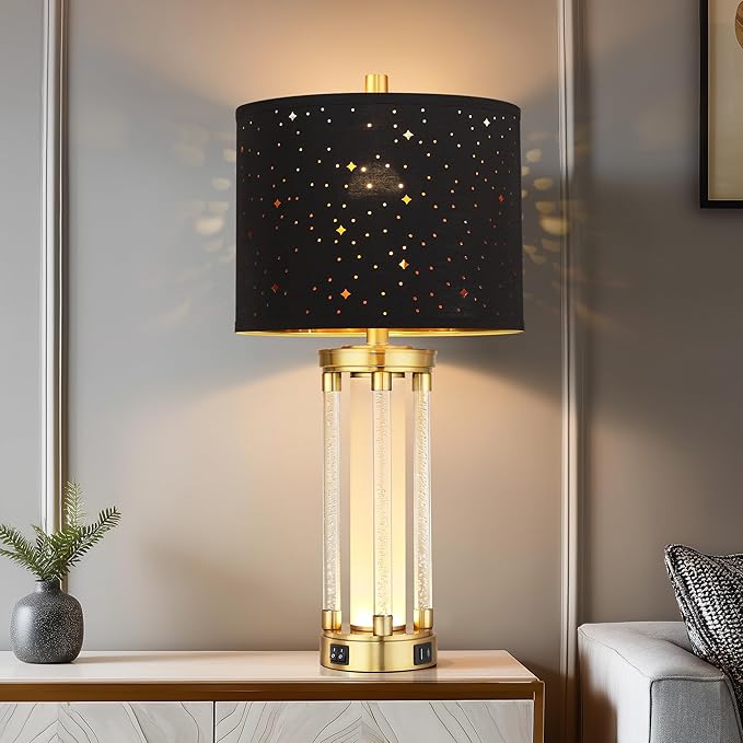 QiMH Gold Table Lamps Set of 2 with USB A+C Ports, Morden Bedside Lamps with Night Light, Unique Star Hallow Black Shade Lamp for Night Stands, Lamps for Bedroom, Office and End Tables(Bulb Included)