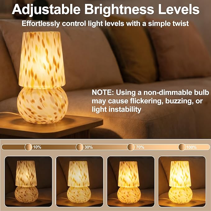 9.8 Inch Mushroom Table Lamp, UL Listed Dimmable Small Desk & Bedside Lamp with Woven Beige Cord, Handcrafted Pattern, Murano Home Decor for Bedroom, Living Room, Entryway (Cream Gold)