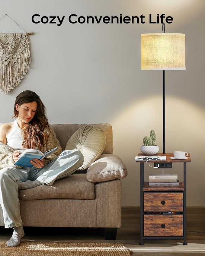 JACKYLED Floor Lamp with Table & 2 Drawers, 3-Color End Table Flood Lamp with Charging Station (USB, Type-C, AC), Vintage Side Table with Lamp for Reading, Bedroom, Living Room, Paper String Shade