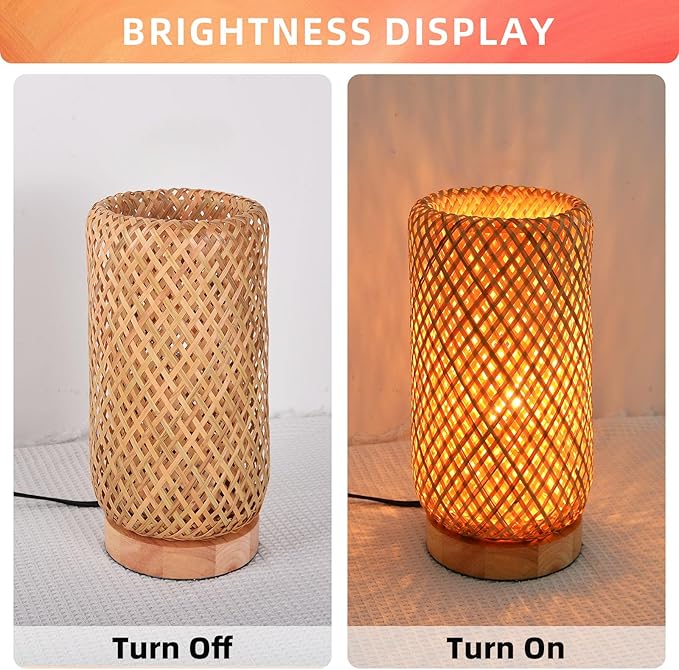 Arturesthome Bamboo Desk Light Woven Boho Beside Lamp Vintage Wicker Wooden Nightstand Lamp for Living Room,Kids Room,Nursery Room Decor