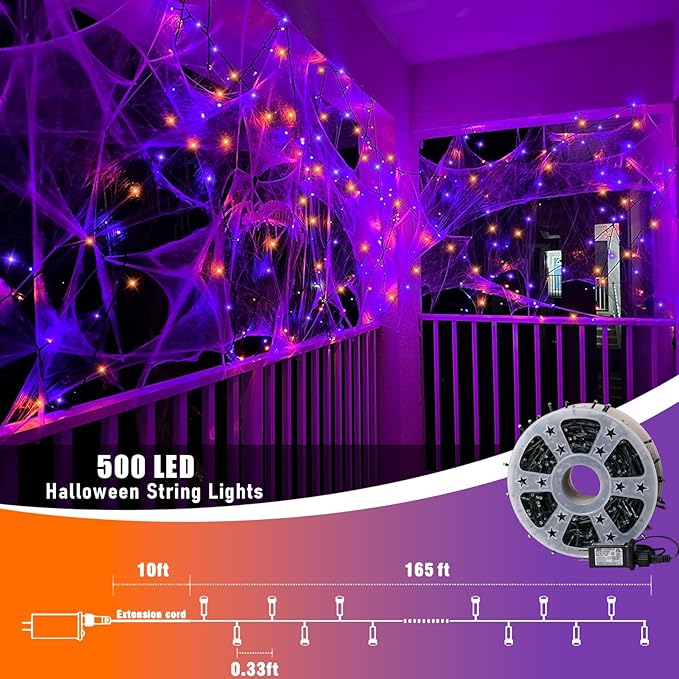 QITONG 165ft 500 LED Orange and Purple Halloween Lights Outdoor Waterproof, String Lights for Outside with 8 Modes, Green Wire Twinkle Lights Plug in Indoor