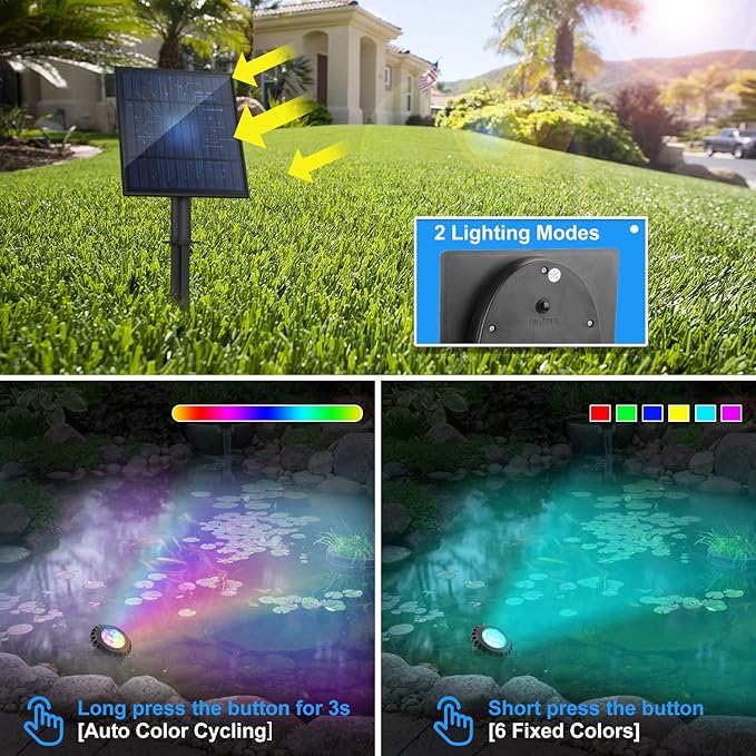 T-SUN Solar Pond Light, Super Bright LED Underwater Color Changing Solar Lights RGB Submersible Fountain Lights IP68 Waterproof Fish Tank Light for Aquarium Garden Pool Fountain Pond