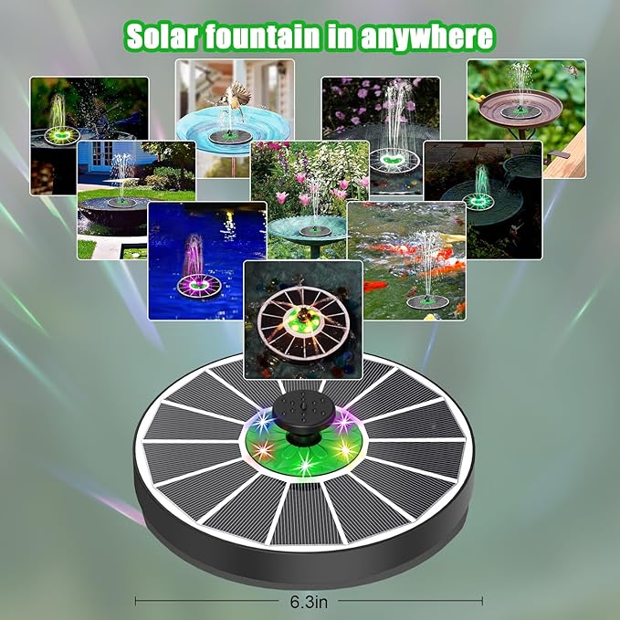 Yzert Solar Water Fountain with 2200 mAh Battery, 3.5W Glass Solar Fountain Pump Colorful LED Lights, Floating Solar Bird Bath Fountains with 4 Fixers & 7 Nozzles for Garden, Outdoor, Pond, Pool