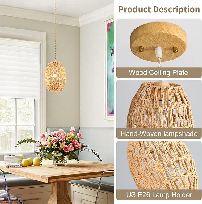 3-Light Rattan Pendant Light, Boho Chandelier Light Fixture, Small Wicker Light Fixture, Wicker Chandelier, for Bedroom Kitchen Island, ETL Listed