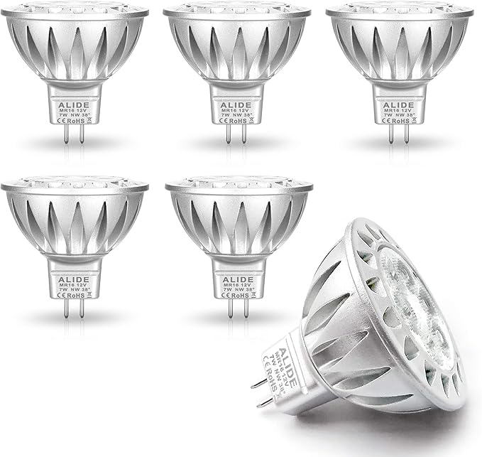 ALIDE MR16 7W 4000K Natural White Led Bulbs,50W 75W Halogen Equivalent,12V Low Voltage MR16 GU5.3 Bulb Spotlight for Outdoor Landscape Flood Track Lighting 560lm,38 Deg,6 Pack Not Dimmable