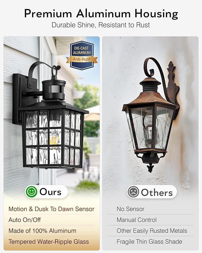 VIANIS Black Motion Sensor Porch Lights Outdoor, Modern Dusk to Dawn Exterior Lighting Fixtures Wall Mount for House, Anti-Rust 100% Aluminum Waterproof Outdoor Sconce Lights for Garage, Front Door