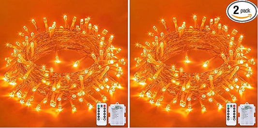 JMEXSUSS 33ft 100 LED Orange Christmas Lights, Battery Operated Christmas Lights, Orange String Lights with Remote Indoor Outdoor Waterproof for Fall Xmas Decorations (Pack of 2)