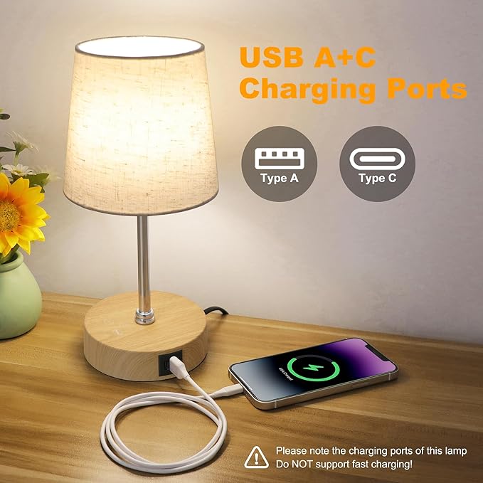 Ascher Small Bedside Table lamp Set of 2, RGB Color Changing Lamps, 3 Color Temperatures, Stepless Dimmable, Nightstand Lamp with USB C+A Ports for Bedroom Living Room, (Flaxen Shade, Wood Grain Base)