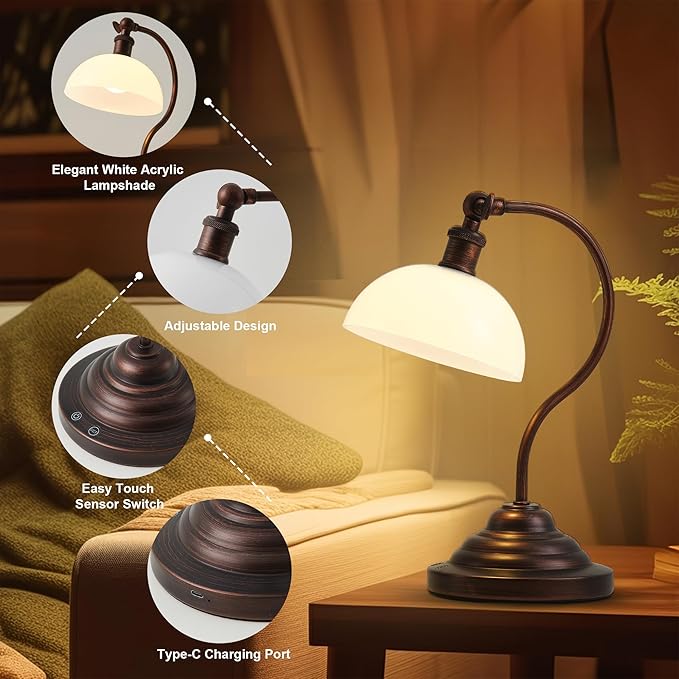 Cordless LED Table Lamp Set of 2, Battery Operated Desk Lamps with Swing Arm & Plastic Shade, Vintage Small Rechargeable Dimmable Light for Bedroom, Living Room, Nightstand, Oil Rubbed Bronze