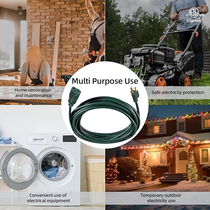 50FT 16/3 Gauge Green Outdoor Extension Cord Waterproof Light Duty, 3 Prong Cold Weatherproof -40℉ Flexible Power Cord, 13A 1625W SJTW ETL Listed for Lawn Mower, Christmas Lights, Tools