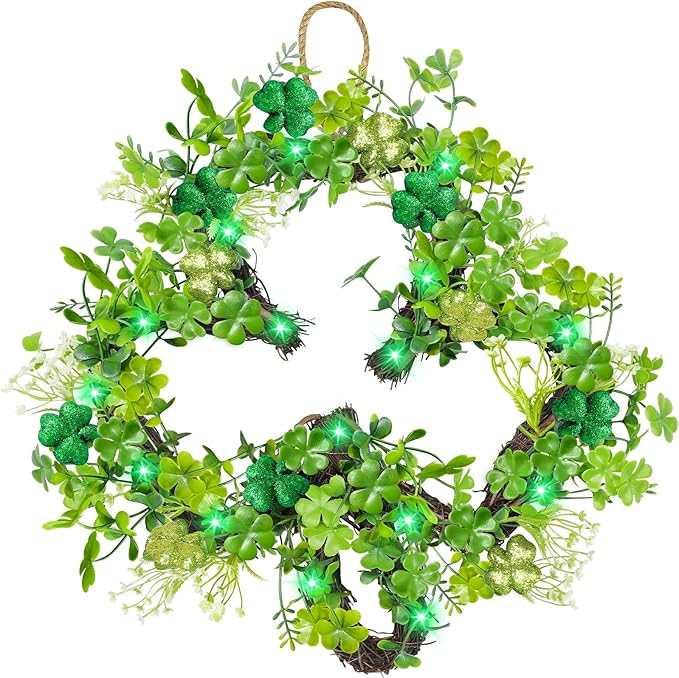 St Patricks Day Decorations St Patricks Day Wreaths for Front Door, Shamrock Wreath with 20 Green Lights Timer Clover Flower 18 Inch Artificial Spring Wreath St Patricks Day Decor for Home Wall Window