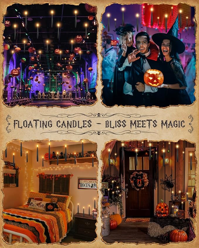 Floating Candles with Wand - 12 Pack Christmas Decorations Black Flameless Candles Flickering Warm Light LED Hanging Candle Remote, Battery Operated Candles for Christmas Outdoor Indoor Party Decor