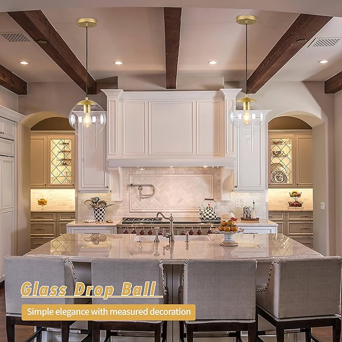 KoKo&Yukina 10" Globe Pendant Light Gold Mid Century Pendant Glass Globe Light Fixture Mid Century Modern Light Fixture Brushed Brass Finished with Clear Glass Lampshade for Dining Room Bedroom