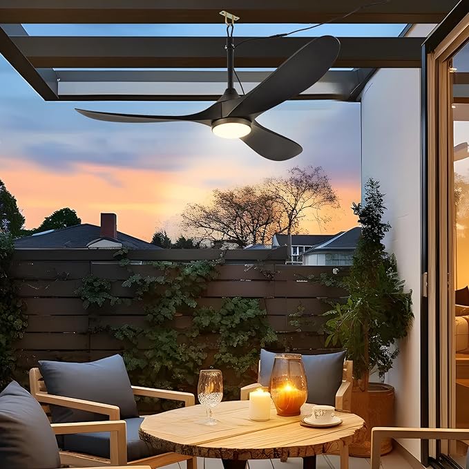 52 inch Outdoor Ceiling Fan with Light Waterproof - Plug in Hanging Hook for Patio, Porch, Gazebo - Wet Rated Weatherproof Exterior Black 3 Blades Ceiling Fan with Remote