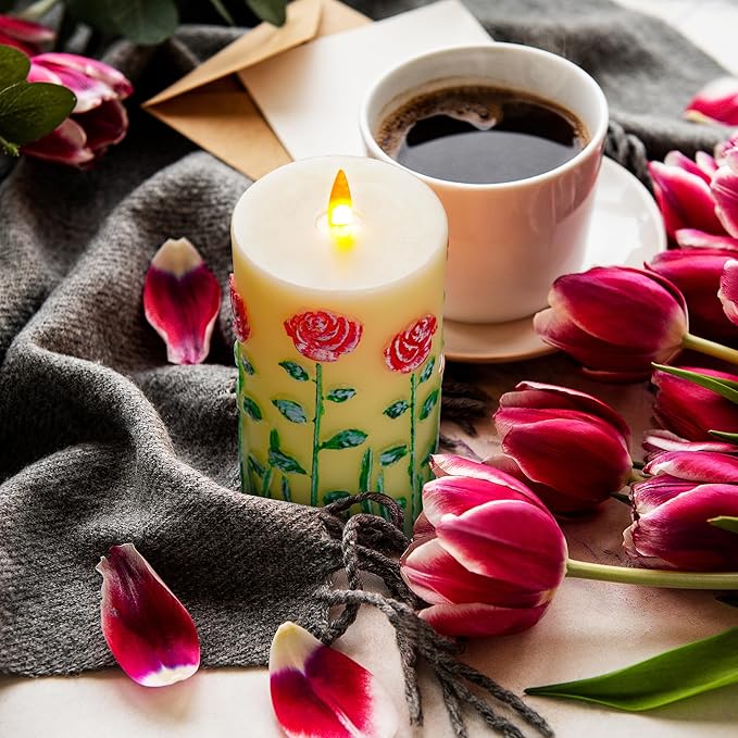 Red Rose Embossed Flameless Candle with Flickering Flame - Battery Powered Candle with Remote Timer - Real Wax - Unscented - Home - Holiday Decoration (3" x 6 ")
