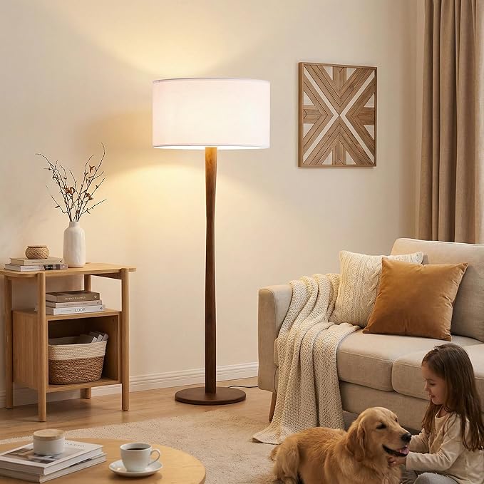 62" Tall Rustic Wood Floor Lamp for Living Room, Farmhouse Walnut Wood Floor Lamps with Linen Shade for Reading, UL Listed Stand Lamps with Woods Base for Bedroom, Corner, Office, White Shade