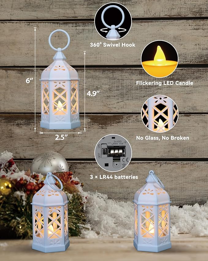 12-Pack Mini Moroccan Lanterns with LED Candle for Ramadan, Wedding, Festivals, Small Decorative Lanterns Shatterproof for Baby Shower & Table Centerpiece, Ornament, Party Decor, White