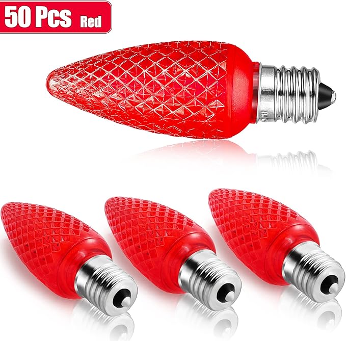 Mudder 50 Pieces C9 Christmas Light Replacement Bulb E17 LED Easter Light Replacement Bulb Outlet Faceted Christmas Bulb LED for Holiday Decoration(Red)