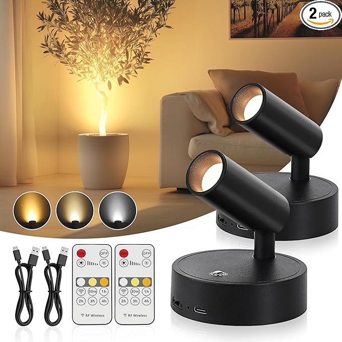 Spotlight Indoor, Wireless Uplighting Indoor with Remote Dimmable, 350° Rotate, Battery Powered Ceiling Spotlight for Artwork Painting Tree Plant Picture Lights, 2 Pack