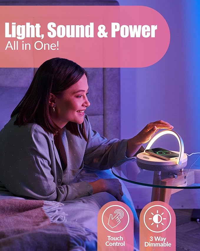 Bedside Lamp with Wireless Charger, Birthday Gifts for Women, 6 in 1 Touch Bedside Lamp, Portable Bluetooth Speaker, Gift for Her, Mom, Dad, Mens Gifts for Birthday Unique