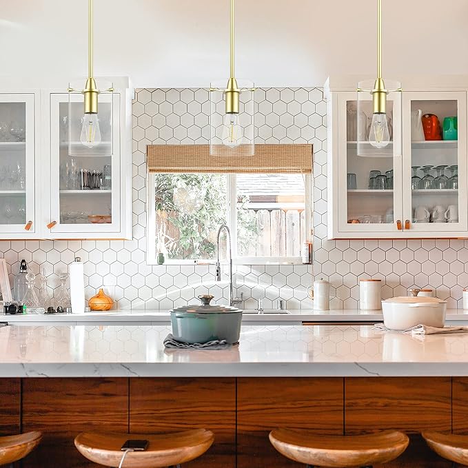 Satin Brass Pendant Lights Kitchen Island - Medium Clear Glass Pendant Light Fixture