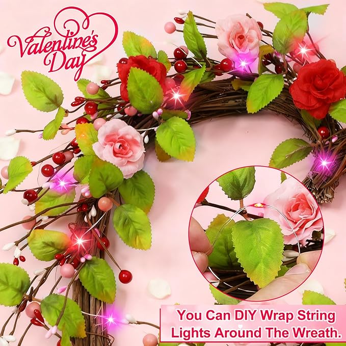 Valentines Day Wreath Decor with 20 Red and Pink Lights Timer, 18 Inch Valentines Wreaths for Front Door Rose Berry Green Leaf, Wood Heart Wreaths for Anniversary Valentines Day Decor Outdoor Indoor