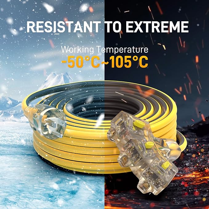 100FT Outdoor Extension Cord with Multiple Outlets, 12/3 Gauge Heavy Duty, 15A 1875W, 3 Prong with LED Light & Locking Plug, Weather Resistant, ETL Certified for Lawn Mower, Tools, Christmas Lights