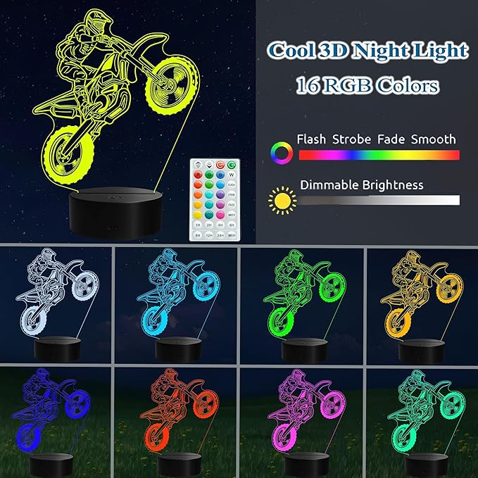 Dirt Bike Night Light, Dirt Bike Gifts, 3D Illusion Lamp with Remote Control, 16 RGB Colors, 4 Flashing Modes, Timer, Dimmable, Kids Room Decoration for Holiday Birthday Christmas