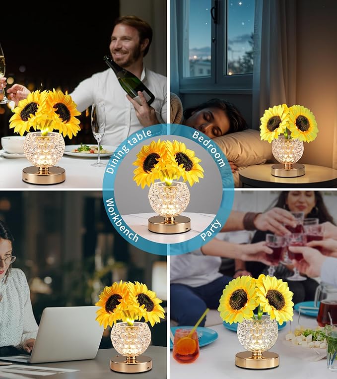 Sunflower Lamp Gifts for Women,Rechargeable Cordless Touch Lamp with 3-Colour Dimming,Crystal Vase Flower Light for Birthday Gifts,Mother's Day for Mom,Christmas,Home Decor,Bedroom
