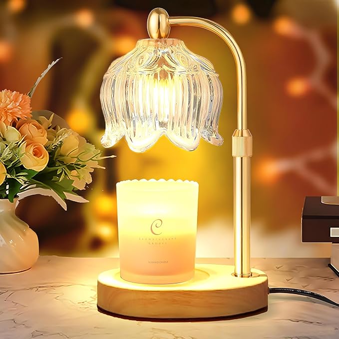 Adjustable Flower Candle Warmer Lamp with Timer, Lotus Tulip Glass Warmer Light for Jar Candles, Electric Wax Warming Melter, Gifts for Women Mom, Vintage Bedroom Decor (Transparent)