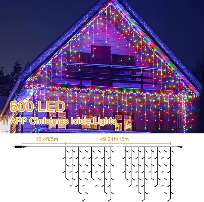 Color Changing Icicle Lights for Outside,65ft 600 LEDs Christmas Light,APP Control,Music Sync,Waterproof LED Icicle Lights for Eaves Yard House Holiday Christmas Decoration,Warm White and Color