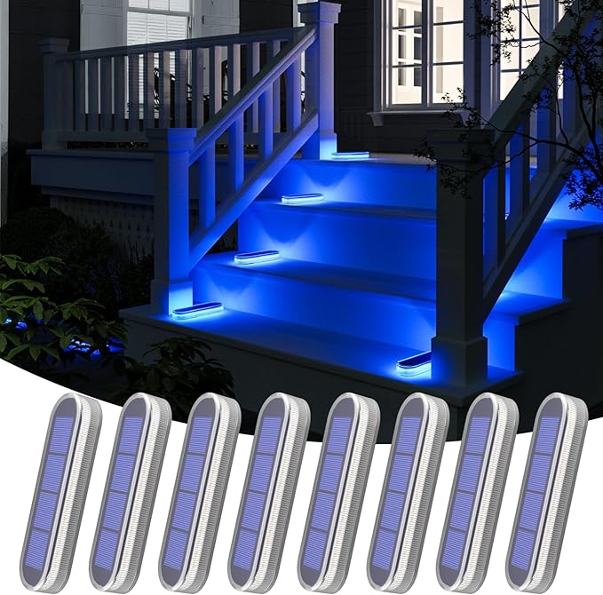 YiLaie Blue Solar Lights for Outside Auto ON/Off, Small Stick on Solar Strip Lights Outdoor Waterproof for Stair Boat Dock Driveway Deck Solar Powered (8 Pack)