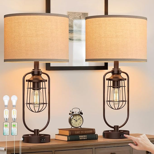 Table Lamps for Living Room Set of 2, Farmhouse Lamps for Night Stands, Industrial Bedside Lamps for Bedroom Nightstand with USB A+C, Bulbs Included