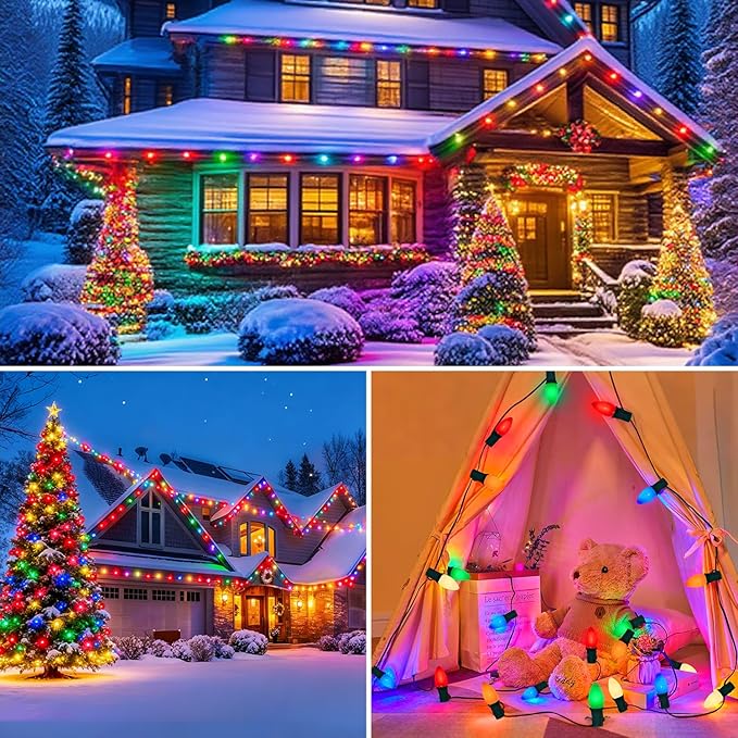 50FT C7 Christmas Lights Outdoor, Multicolor Vintage Christmas Lights String with 50+5 Ceramic Bulbs,Hanging Christmas Light Green Wire for Holiday Party Wedding Christmas Decorations