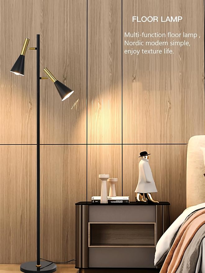 Modern Floor Lamp with 2 Adjustable Head Tall Pole Uplight for Living Room, Bedroom, Office,Gold and Black Corner Light for Reading (Black and Gold)