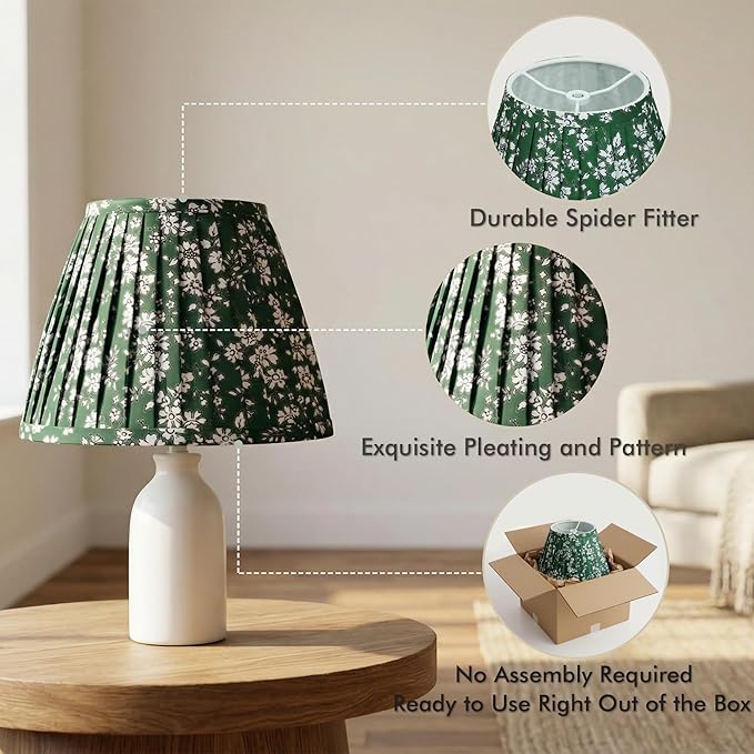 Green Floral Small Lamp Shade - 1 Pack, 5x9x6.2 Inch Empire Pleated Lampshade for Bedside, Desk & Nightstand Lamps, Spider Fitter, No Assembly Needed, Perfect for Cozy Cottage, Farmhouse & Country