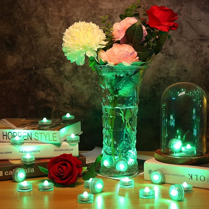 HL Submersible LED Light,Green Small LED Light,100 Hours Waterproof Flameless Led Lights Battery Powered for Wedding Home Vase Festival Party Decoration 12pcs (Built-in 24 Batteries)