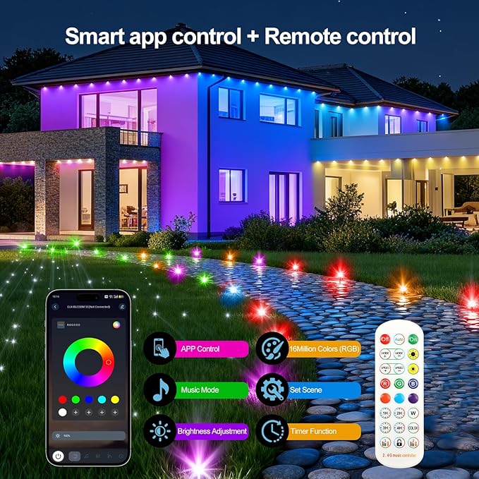 Outdoor Ground Lights, 50FT Smart RGB Pathway Lights with APP/Remote Control, Music Sync, Timer Function, IP67 Waterproof Wired Color-Changing Pathway Light for Garden, Courtyard, Lawn and Parties