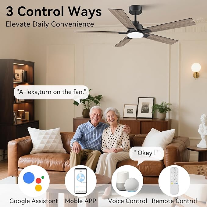 52 Inch Ceiling Fans with Lights,Smart Ceiling Fan with Light and Remote Control,Alexa,APP,WIFI,Black Indoor Outdoor Ceiling Fans for Bedroom,Patio,Porch,5 Blades,Dimmable LED,6 Speed,Quiet DC Motor
