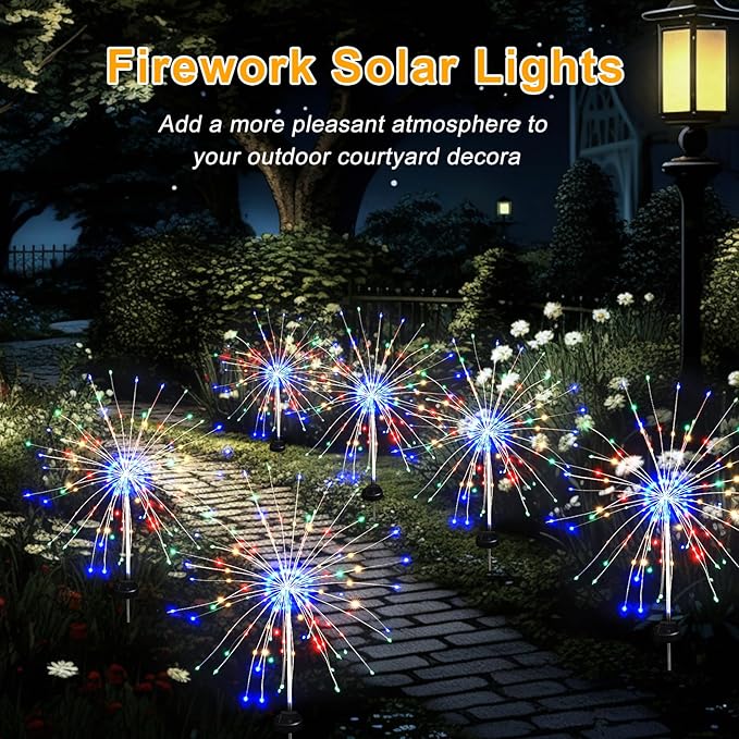 Solar Garden Firework Lights Outdoor Waterproof, 2 Pack Solar Lighting with 8 Lighting Modes , 120 LED Sparklers String Lights for Outside Decor Yard Pathway Halloween Decorations(Colorful)