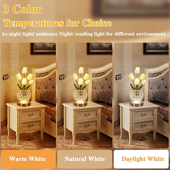 Birthday Gifts for Women/Mom Table Lamp, 3 Color Crystal Flower Bedside Lamps Infinitely Dimming with USB Charge Small Night Light,Nightstand Touch Lamp for Bedroom (A-White)