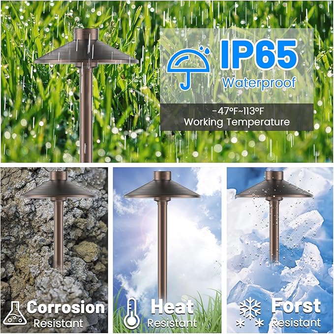 ZONEGRACE 4 Pack Solid Brass Low Voltage Pathway Lights,Outdoor Wired LED Landscape Path Lights,AC/DC 12V Bronze Pathway Lighting for Walkway Garden Yard,UL Listed Cord,Without Replacement Bulbs