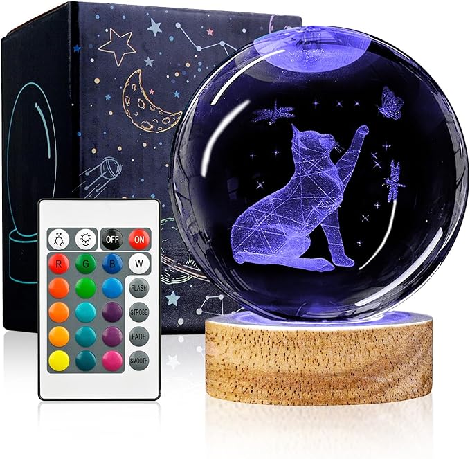 3D Cat Crystal Ball Night Light with Woodern Base, 3.15" Cat Figurines Glass Lamp with 16 Colors Cat Snow Globes Cool Desk Decor Cat Gifts for Women Girl Cat Lovers Kids Friends