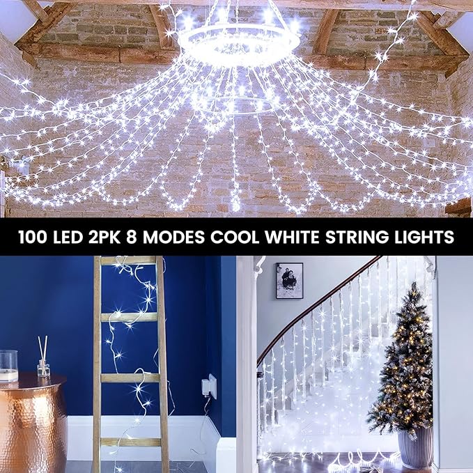 2 Pack Christmas String Lights Battery Operated with Timer, 66FT 200 LED Waterproof Twinkle Lights, 8 Modes Fairy Light for Indoor and Outdoor Bedroom Garland Tree Christmas Decorations (Cool White)