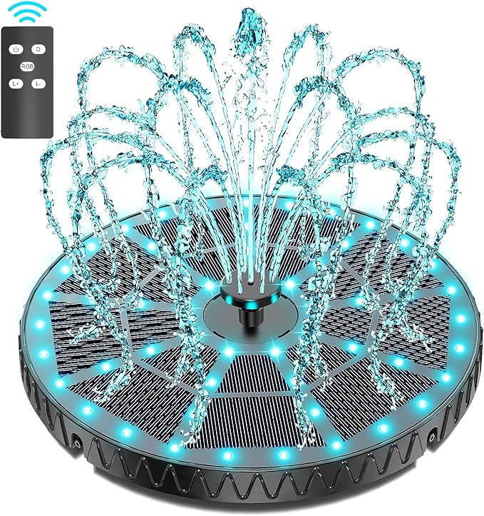 Yzert Remote Solar Fountain Adjust Spray Height with Fantastic Colorful Lights, 2026 6W Solar Bird Bath with 4000 mAh Battery, Solar Water Fountain Pump for Outdoor, Garden Decor, Pond, Pool (54LEDs)