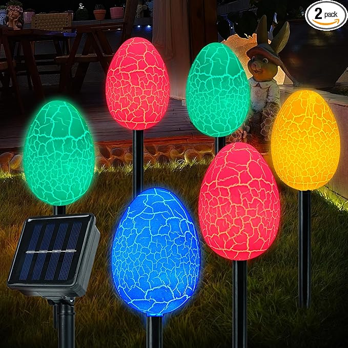 2 Pack Solar Easter Decorations Outdoor Lights,with 8 Modes 12 LED Egg Light,Waterproof Outdoor Solar Lights for Garden Yard Pathway Lawn Grave (Egg)